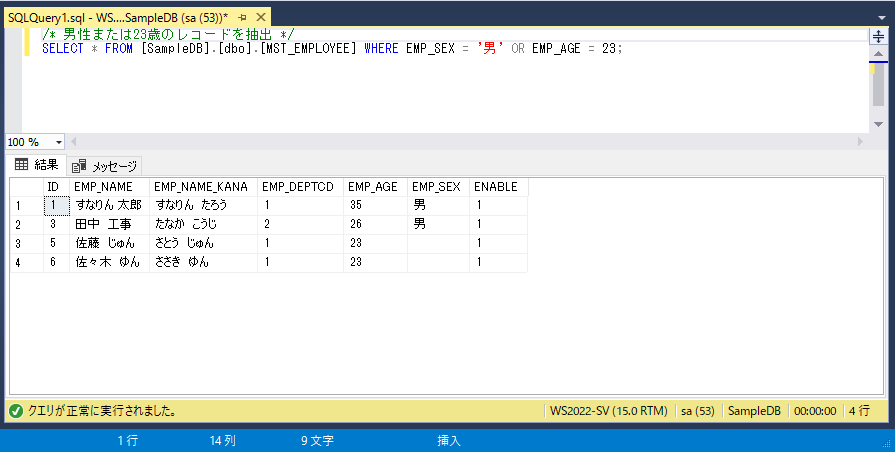 SQL Server実行サンプル画像：複数の条件に完全一致する条件を複数指定（OR句）