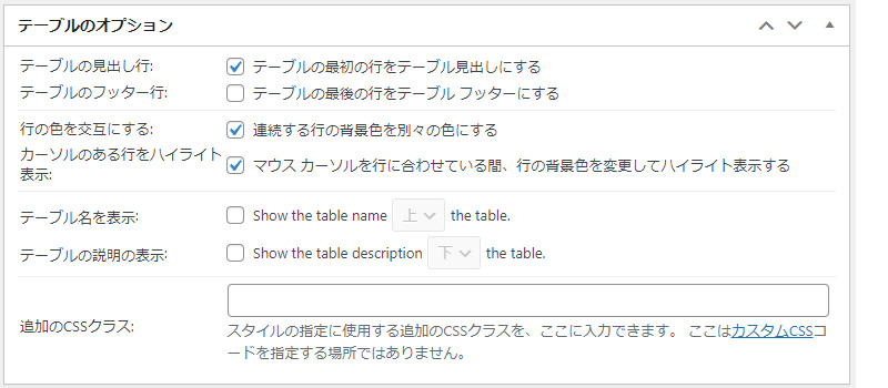 tablepress Table Options